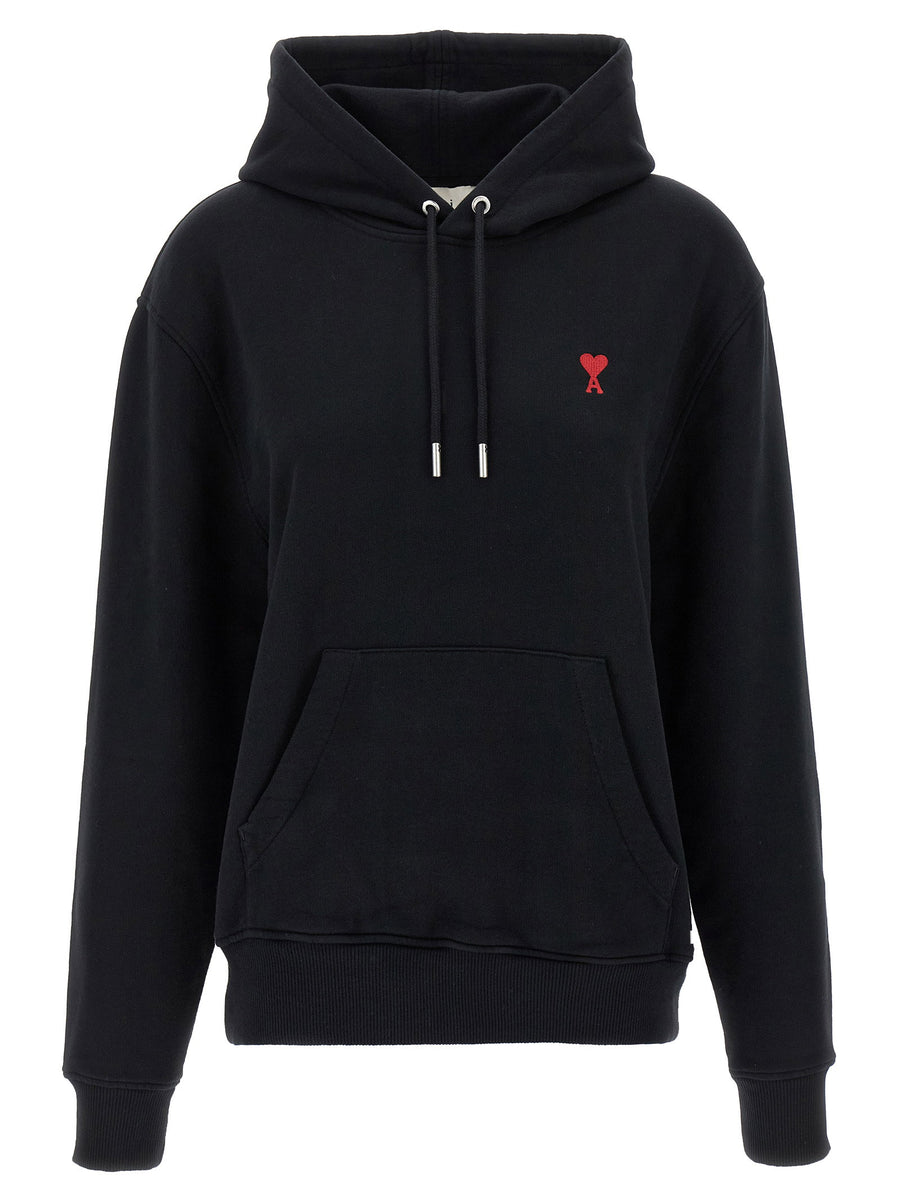 Ami Paris Logo-Embroidered Cotton Hoodie — Black
