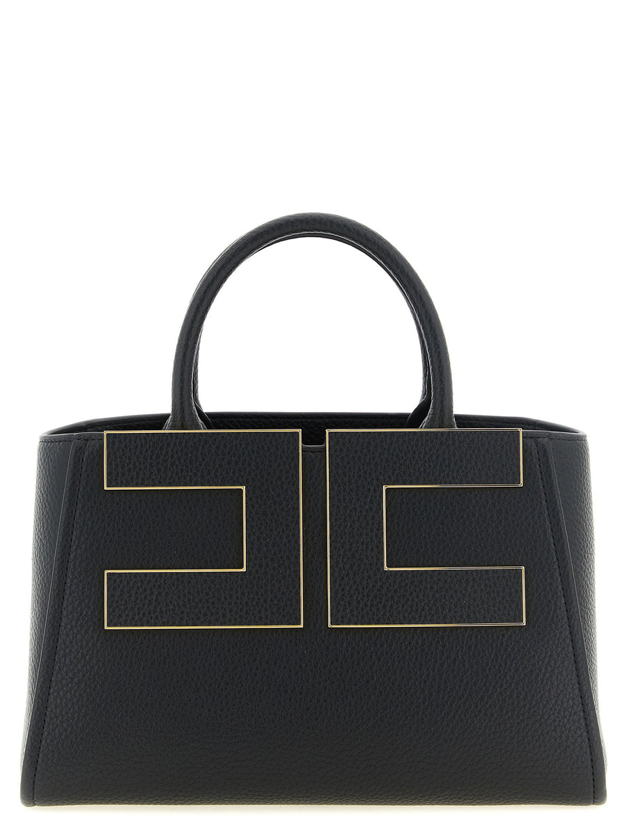 Elisabetta Franchi Gold Logo Trapezoid Tote Bag — Black
