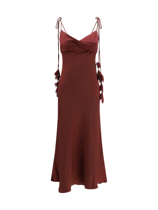 Satin Flower Midi Dress Burgundy Polyester