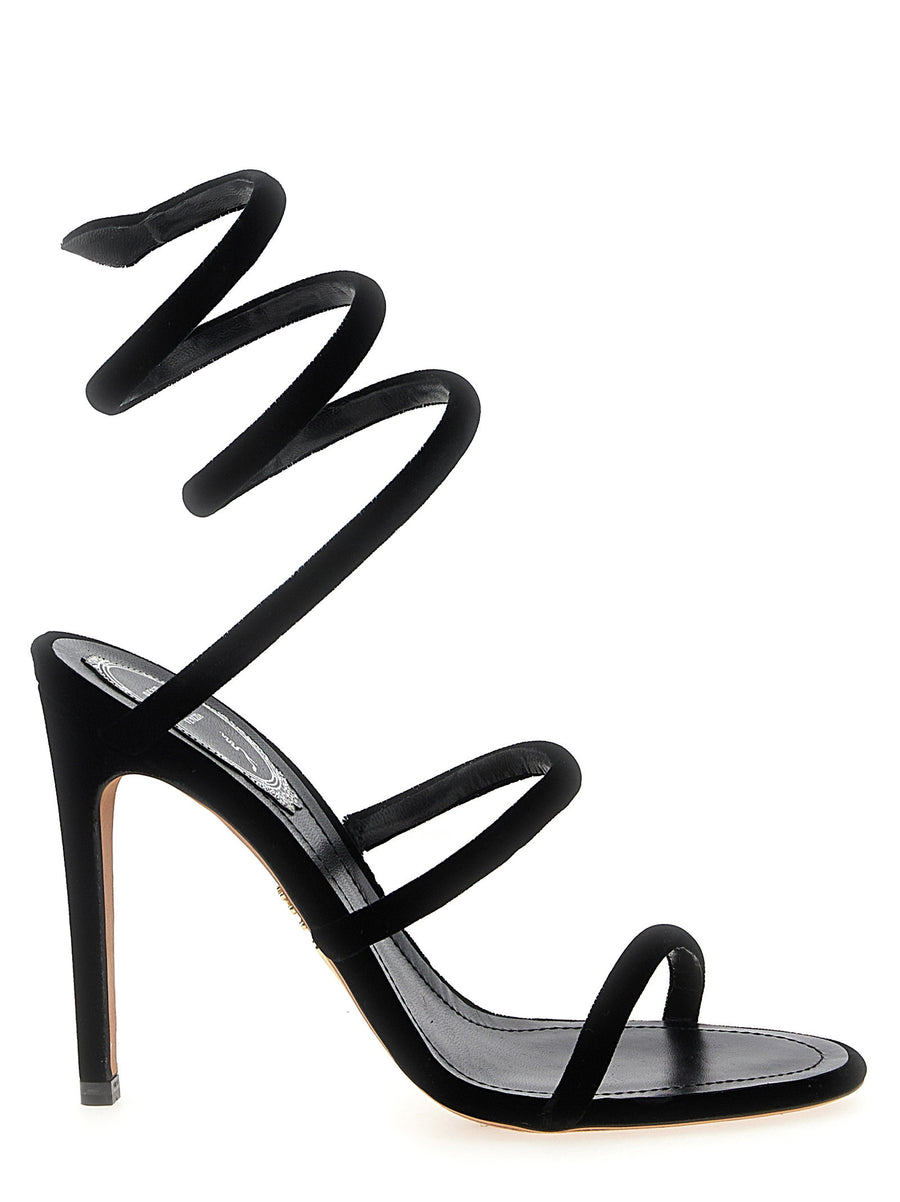 René Caovilla Velvet Ankle-Wrap Heels — Black