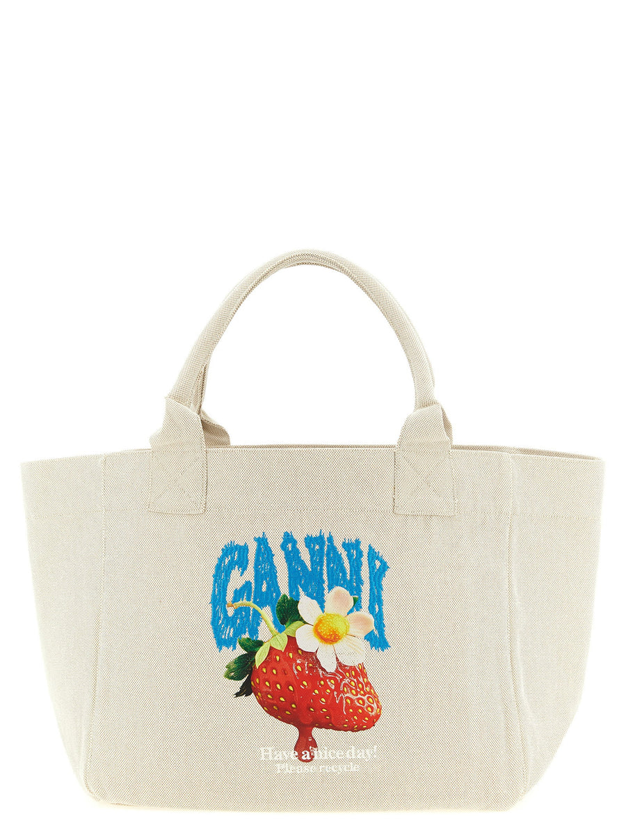 Ganni Strawberry-Graphic Canvas Shoulder Bag — Cream