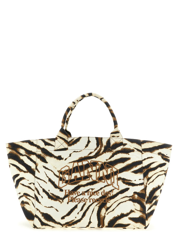 Ganni Zebra-Print Canvas Tote Bag — Cream