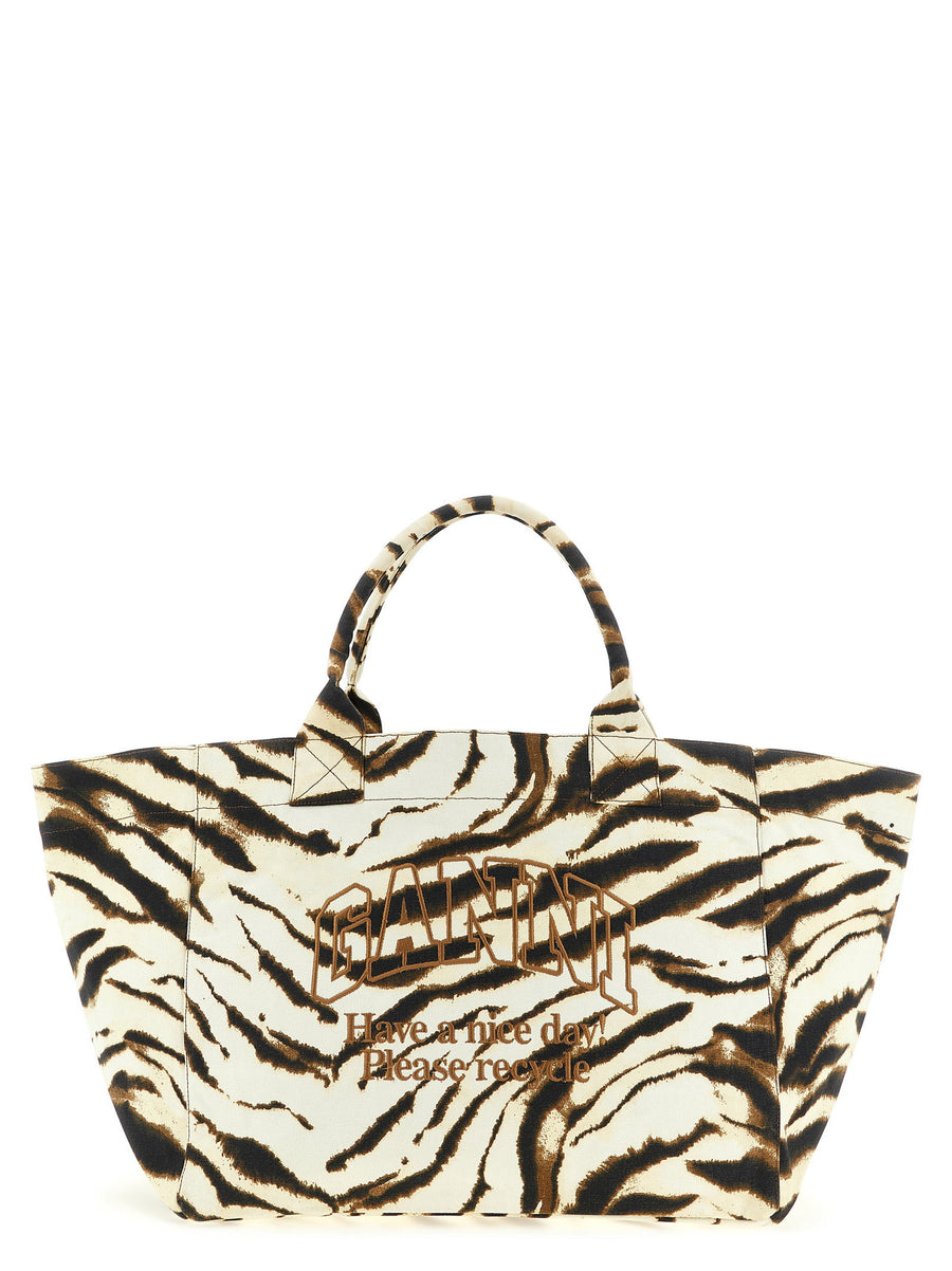 Ganni Zebra-Print Canvas Tote Bag — Cream