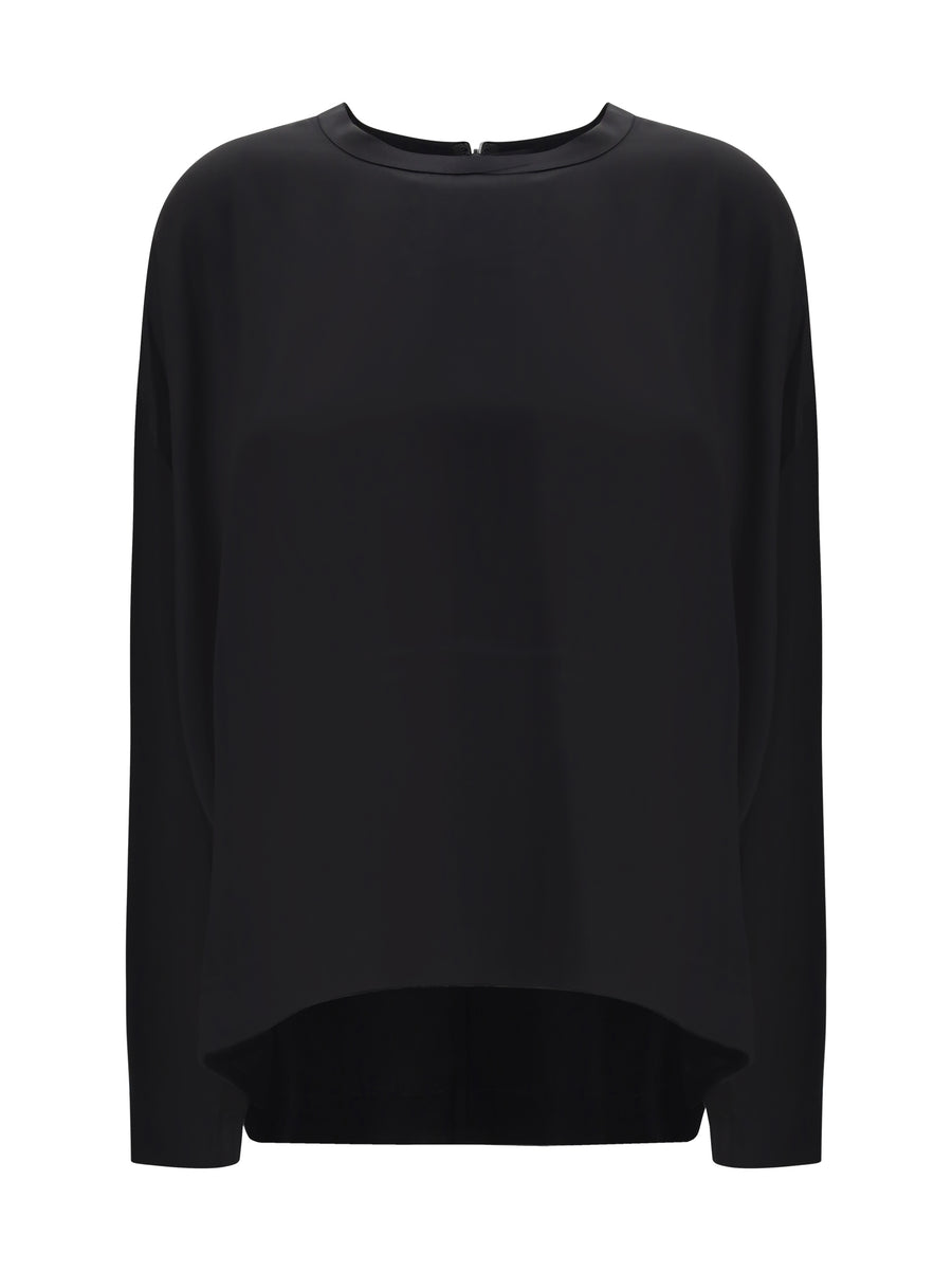 Boxy Satin Long Sleeve Top Black Viscose Tops
