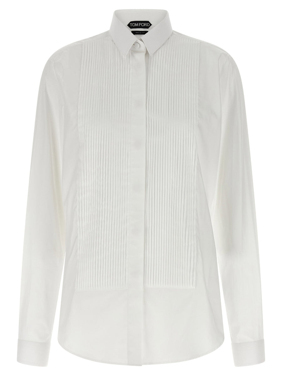 Tom Ford Pleated Plastron Shirt — White