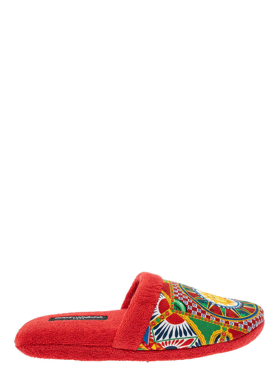 Slippers Sicilian Cart Print Red Cotton
