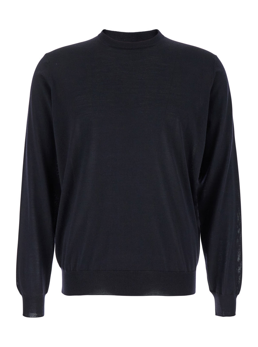 Blue Wool Crewneck Sweater With Ribbed Trims Virgin Tops