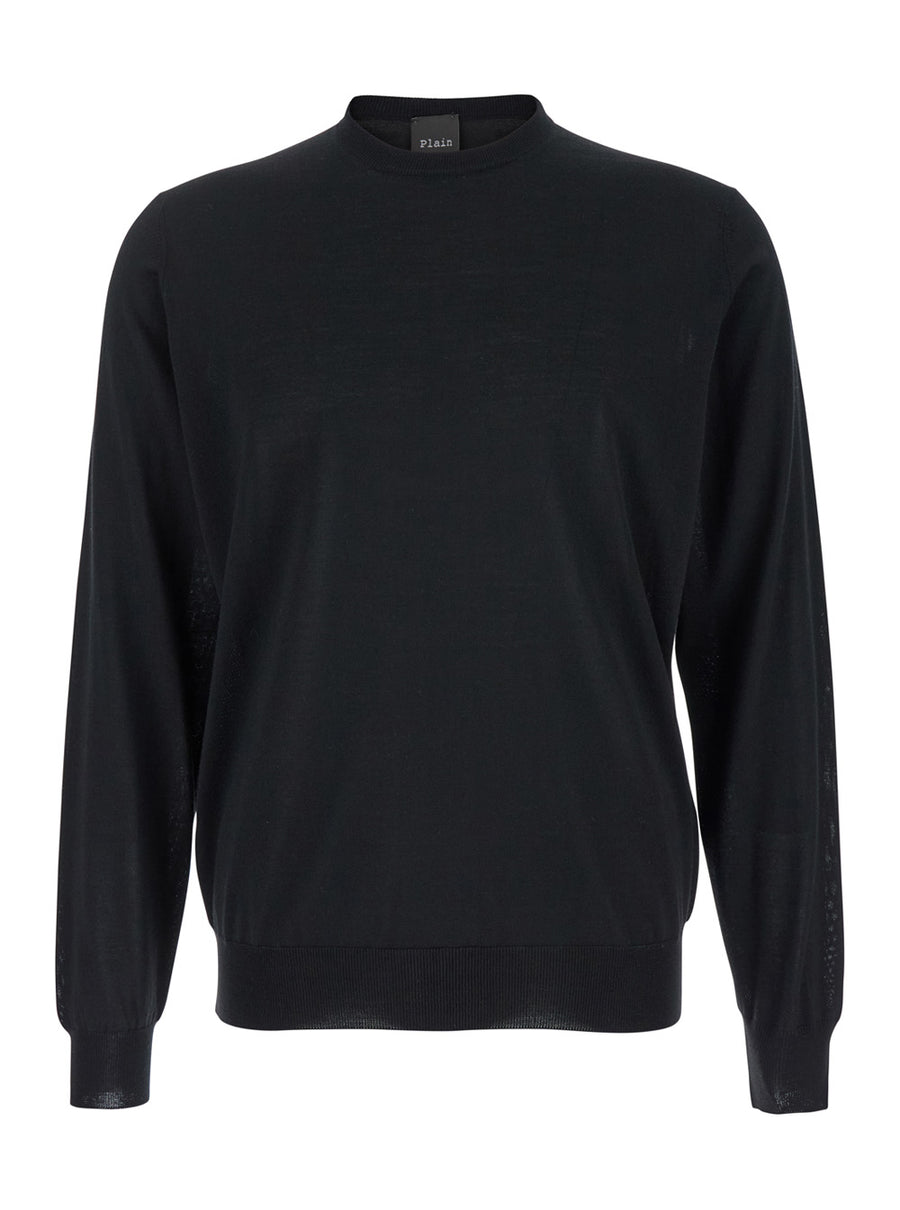 Black Wool Crewneck Sweater With Ribbed Trims Virgin Tops