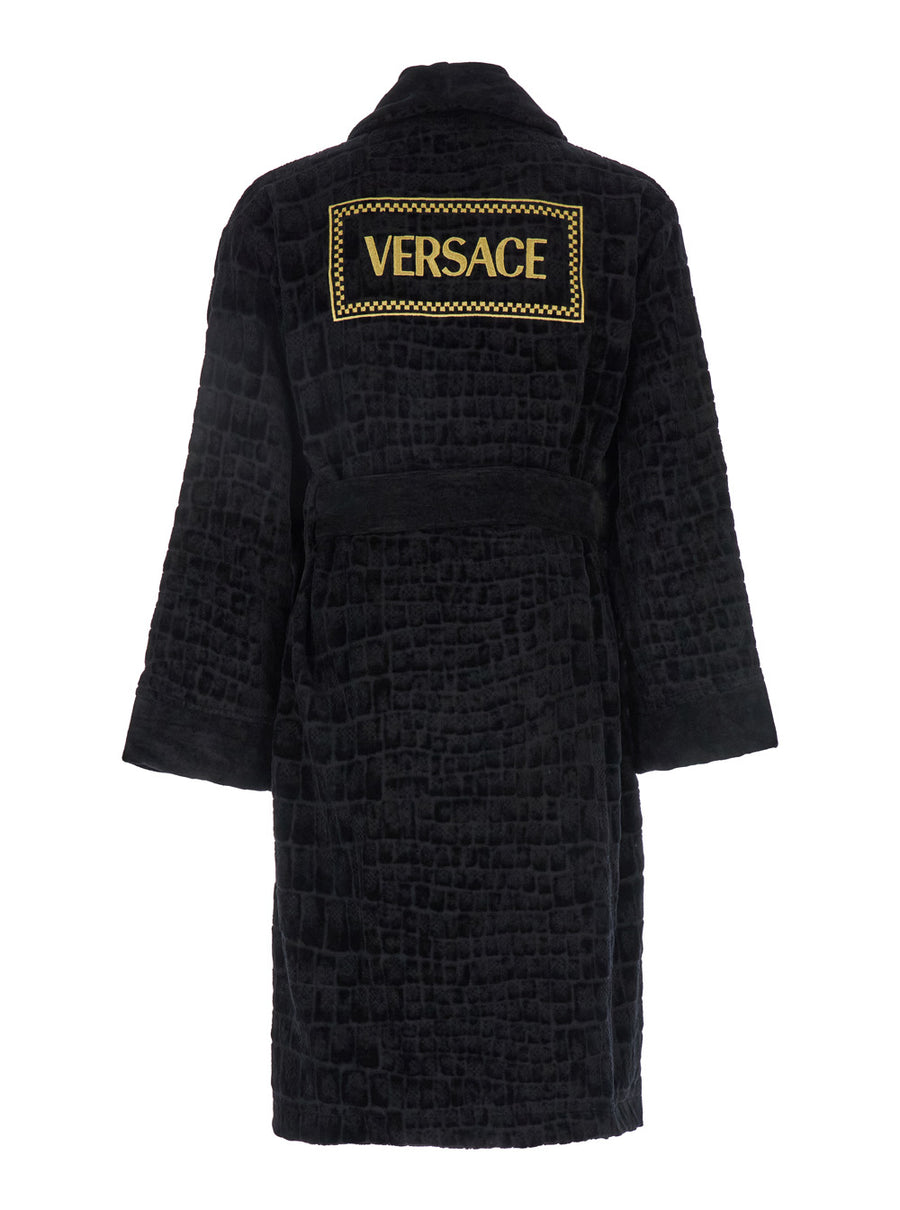 Bathrobe With Medusa Plaque Black Cotton Towels & Bath Robes
