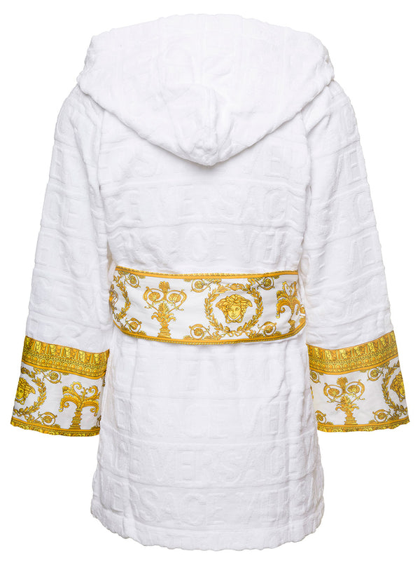 Short Bathrobe With Baroque Motif, White Cotton Towels & Bath Robes