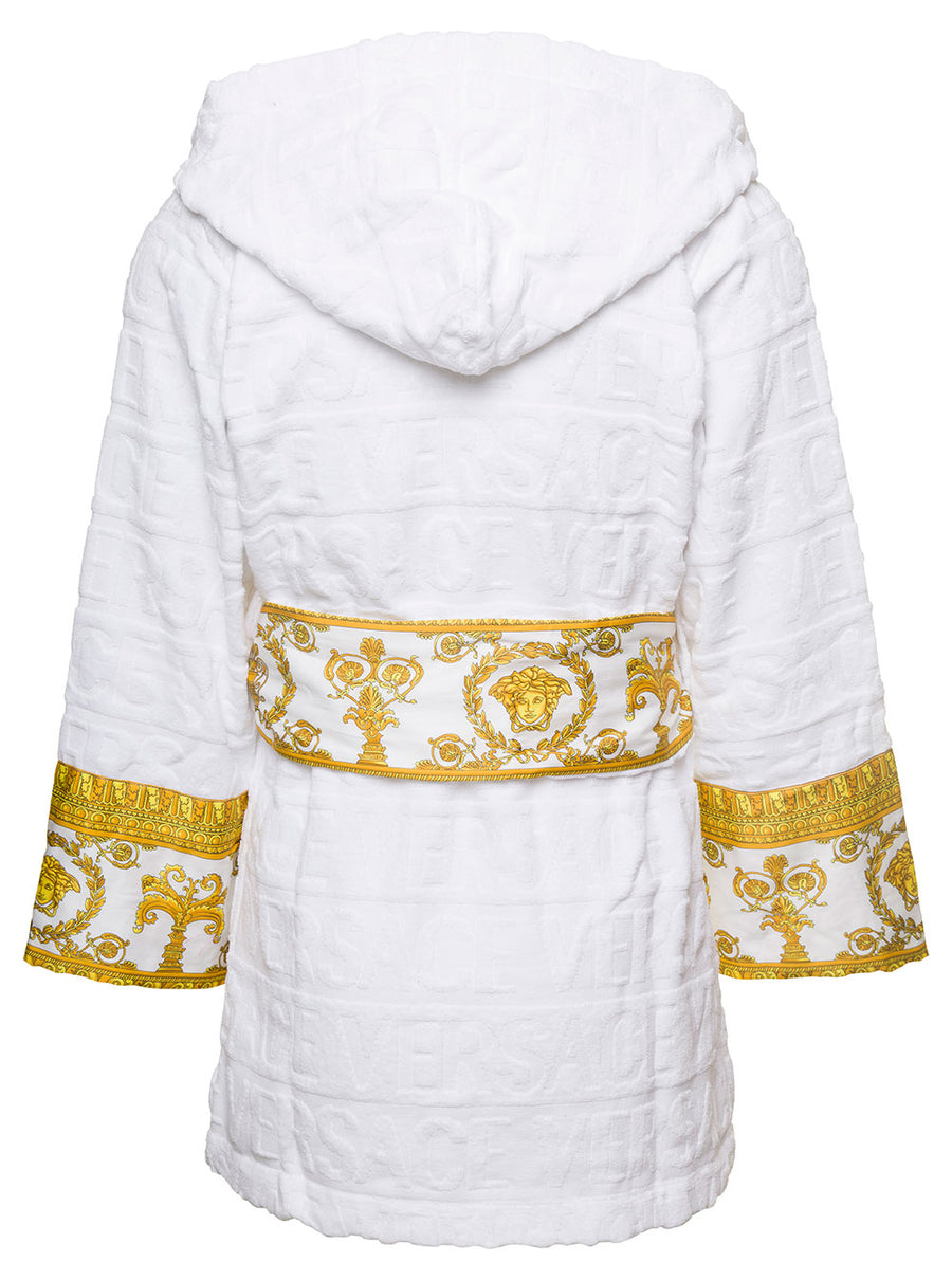 Short Bathrobe With Baroque Motif, White Cotton Towels & Bath Robes