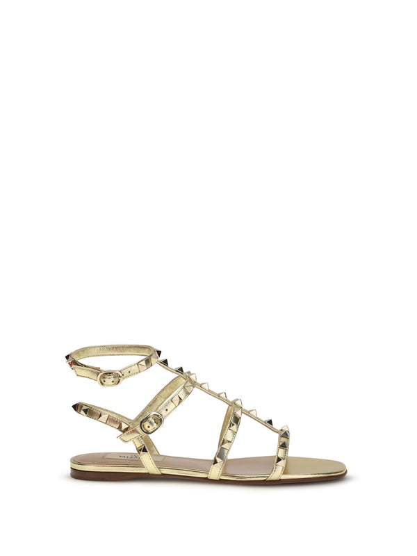 Rockstud Flat Sandals Laminated Leather Antique Brass Light
