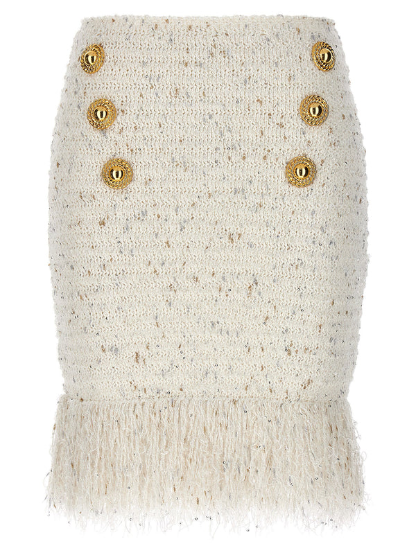 Balmain Fringed Tweed with Gold Buttons Skirt — Cream