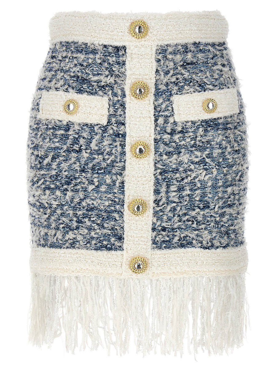 Balmain Fringed Tweed Skirt — navy