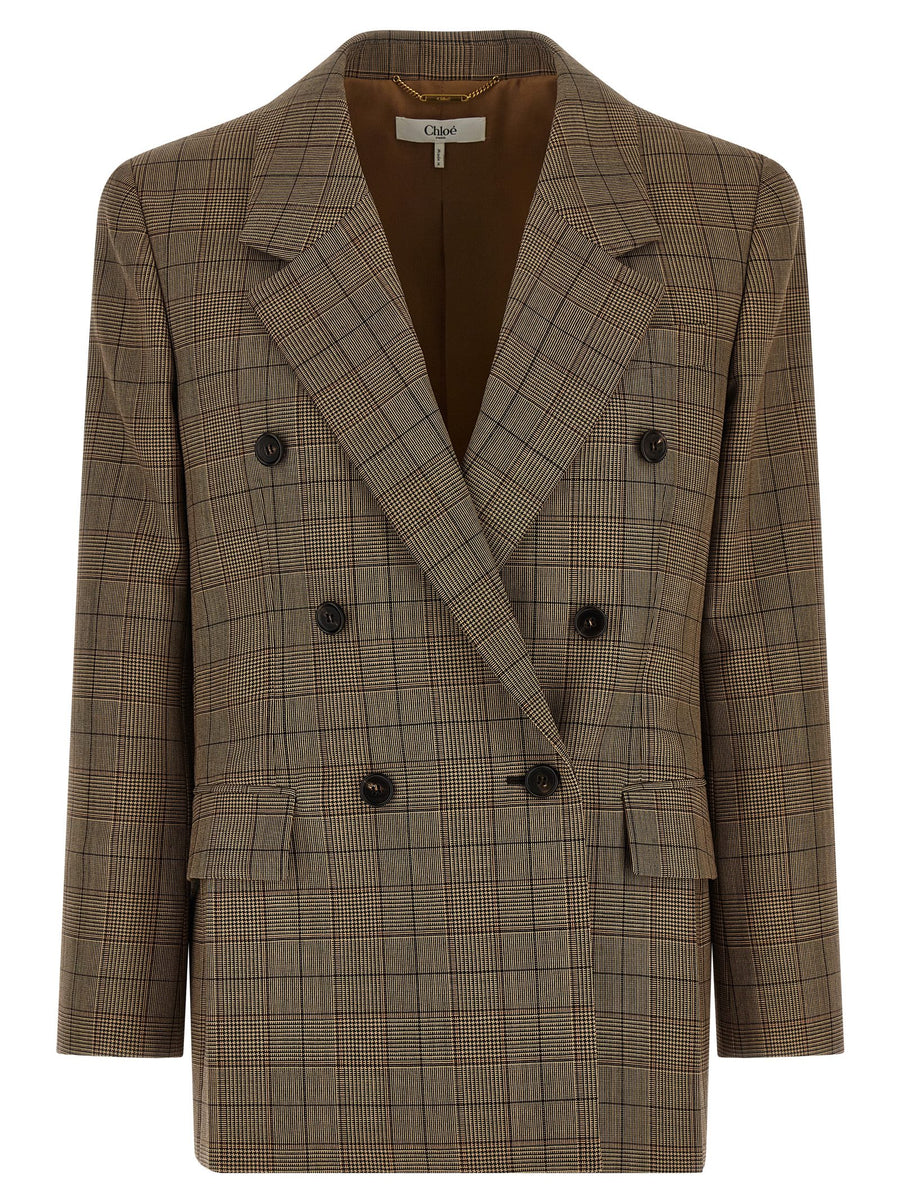 Chloé Check Wool Double-Breasted Blazer — Brown