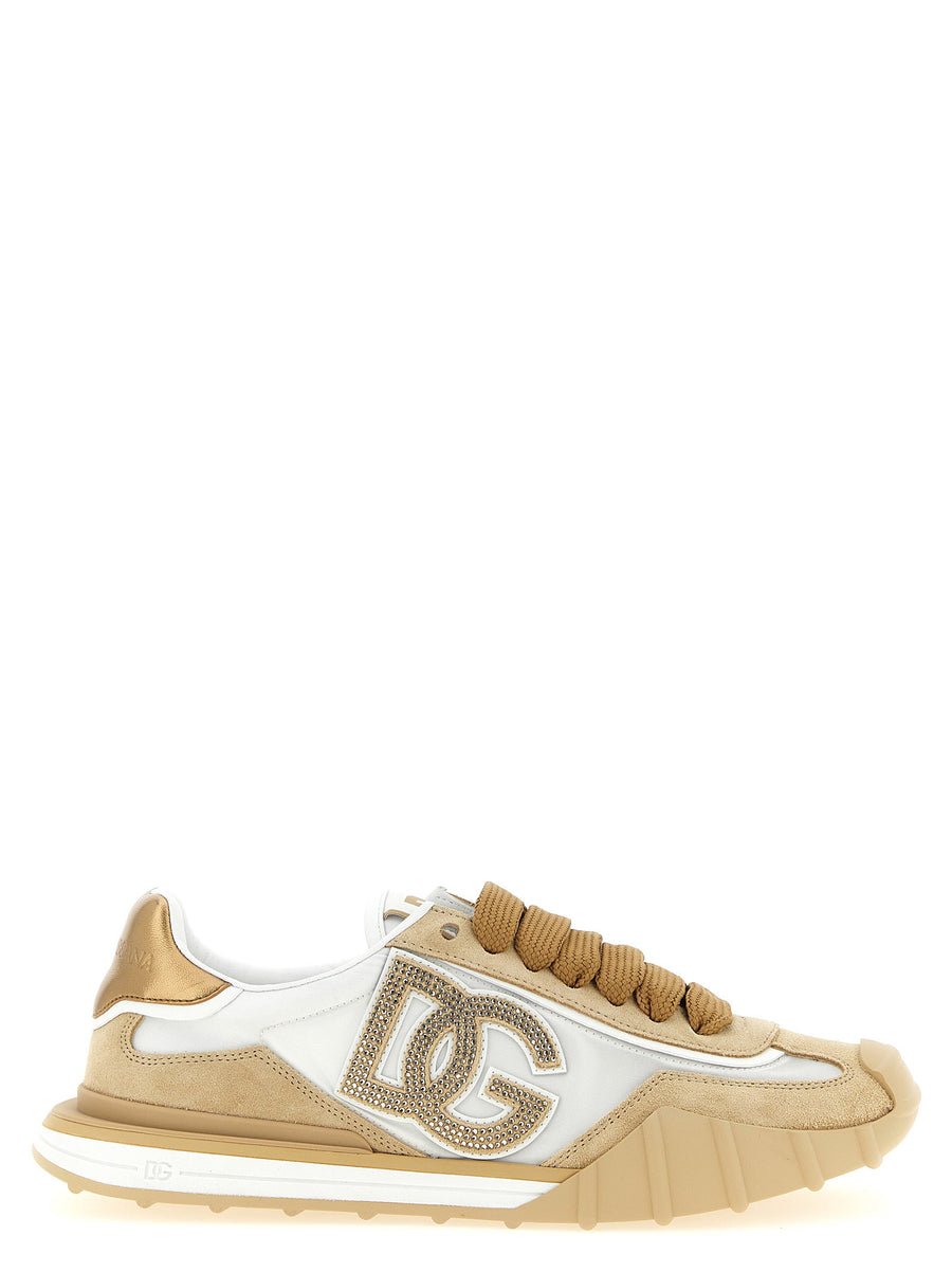Dolce & Gabbana Suede and Canvas with Rhinestone Logo Sneaker — Beige