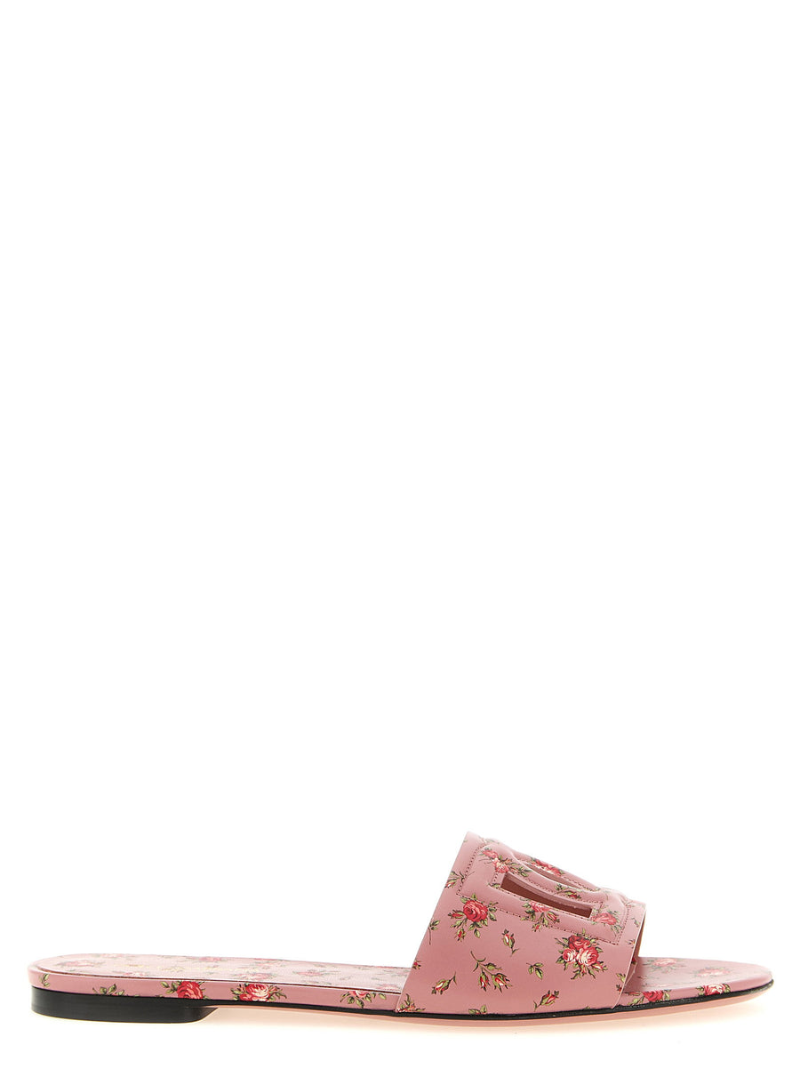 Dolce & Gabbana Rose-Print Leather Slides — Pink