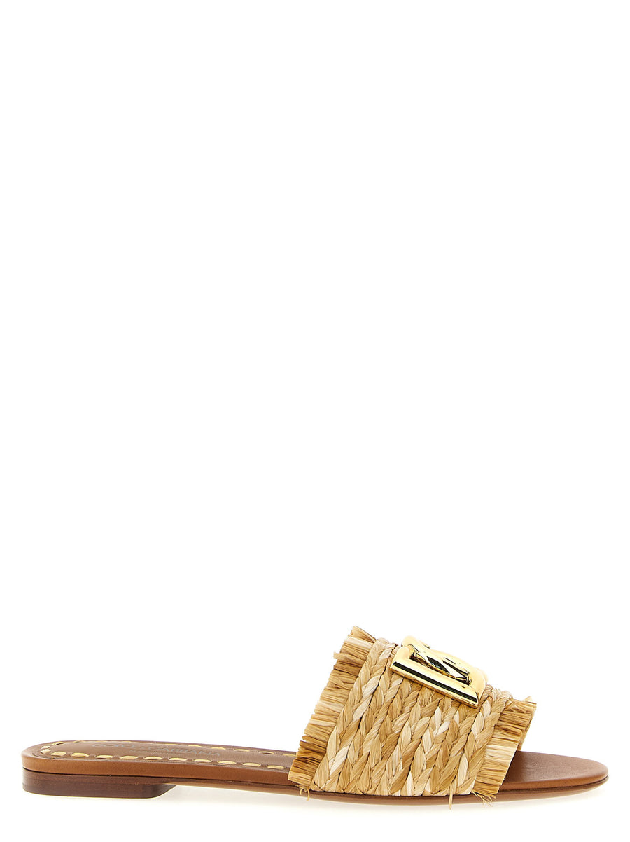 Dolce & Gabbana Raffia Braid with Vintage Brass Logo Slides — Tan