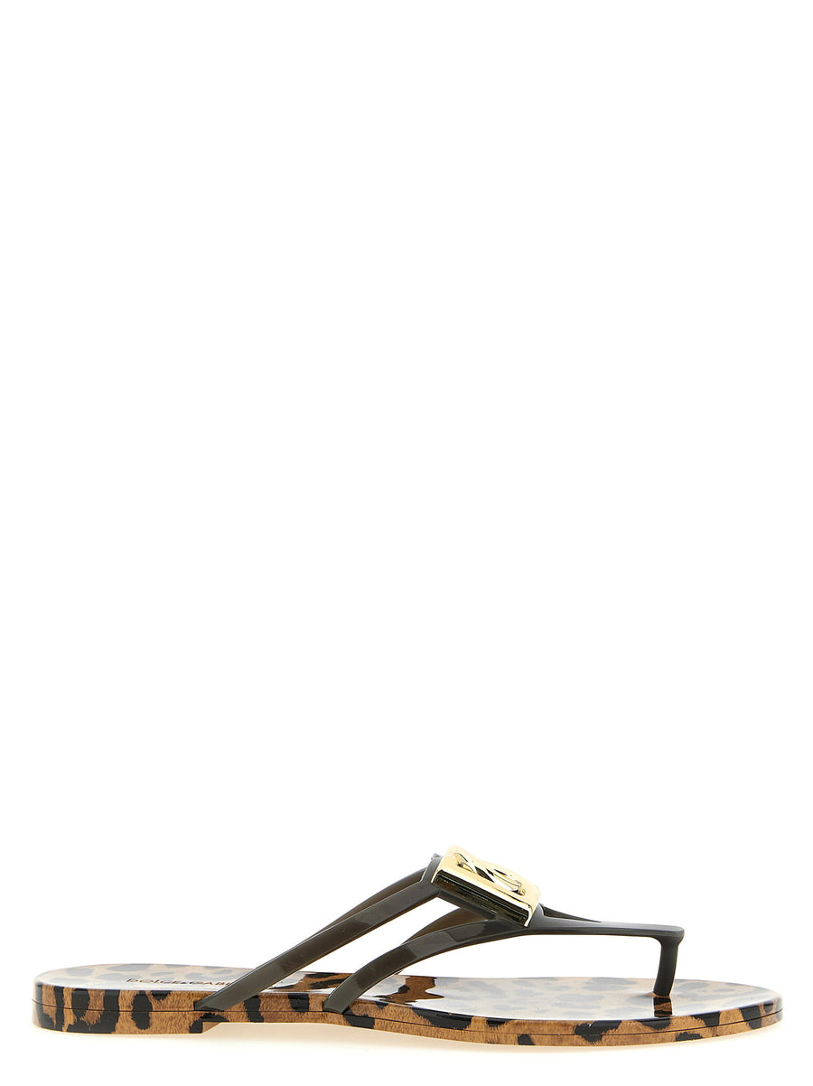 Dolce & Gabbana Leo-Print Rubber Flip-Flops Sandals — Caramel