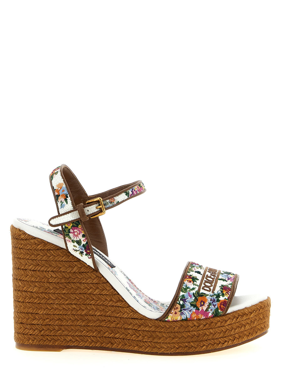 Dolce & Gabbana Floral-Embroidered Leather Wedge Sandal — Brown