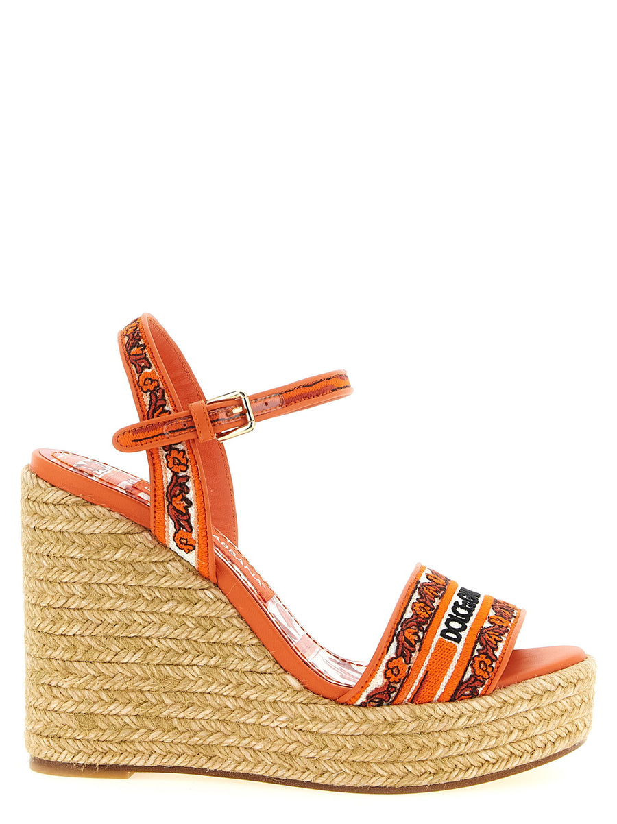 Dolce & Gabbana Embroidered Maiolica Espadrille Wedge Sandal — Orange