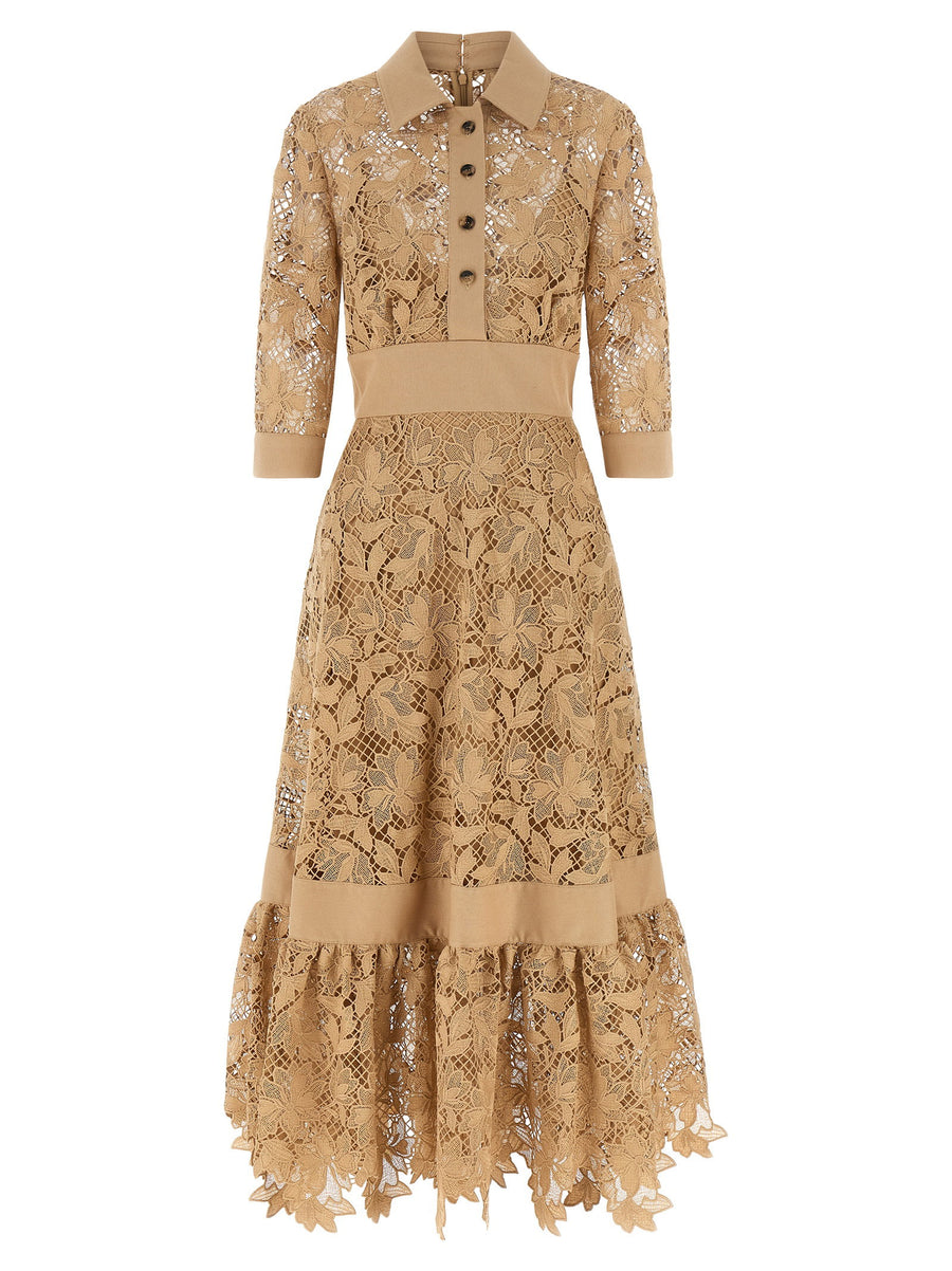 Elie Saab Floral Macramé Lace Dress — Caramel