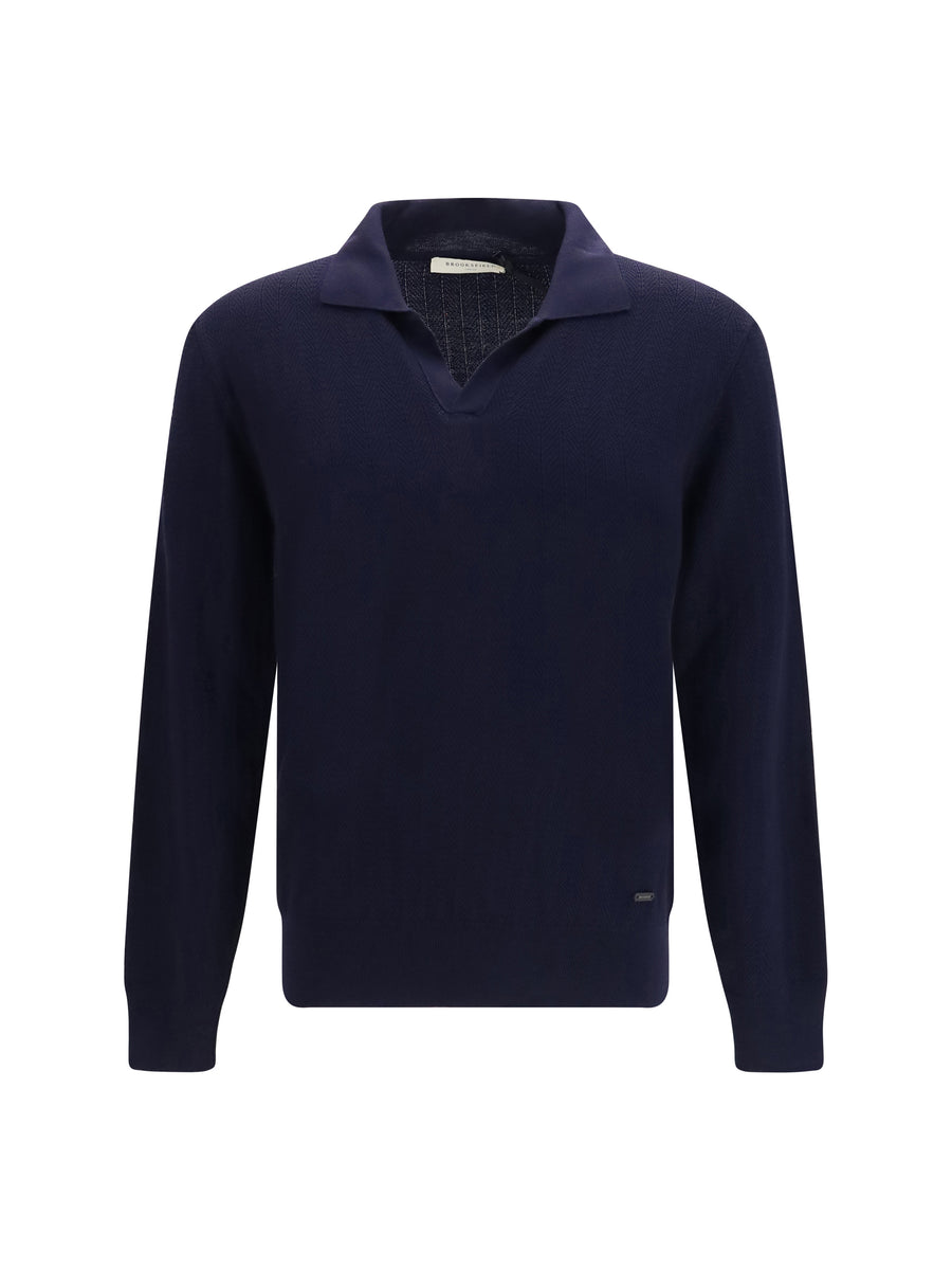 Polo Collar Sweater Navy Fleece Wool Ovis Aries
