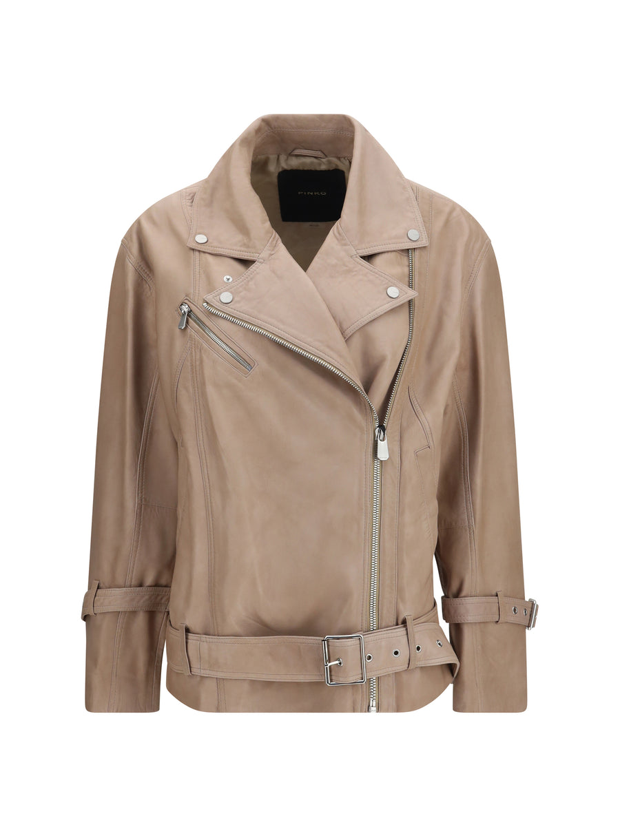 Leather Biker Jacket Beige-verde Capra Sheep