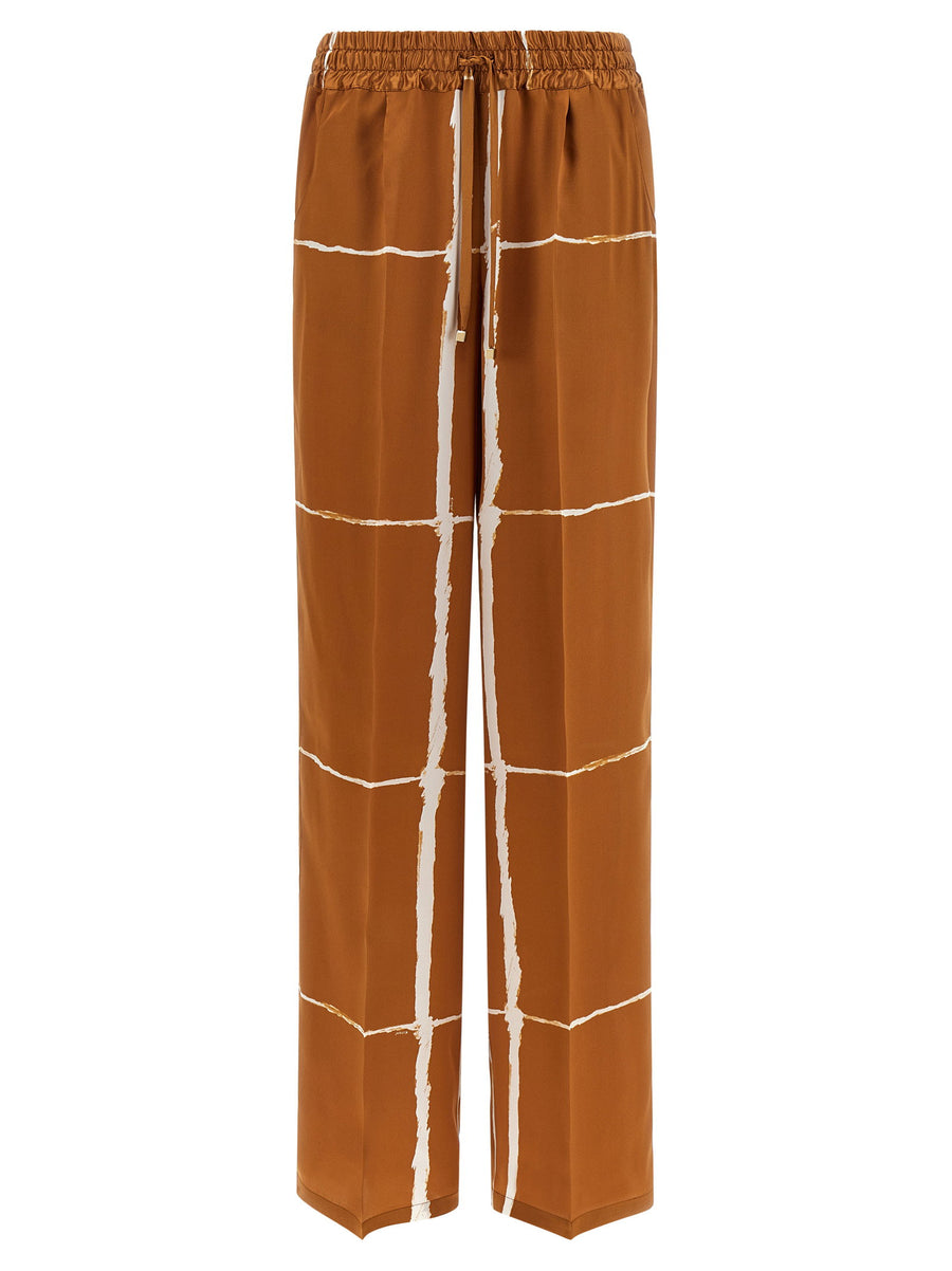 Kiton Graphic-Striped Silk Satin Trousers — Camel