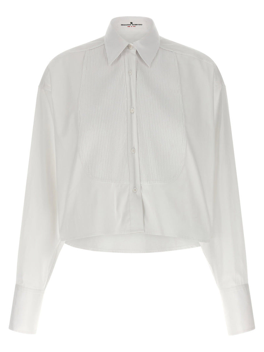 Ermanno Scervino Pleated Plastron Cotton Shirt — white