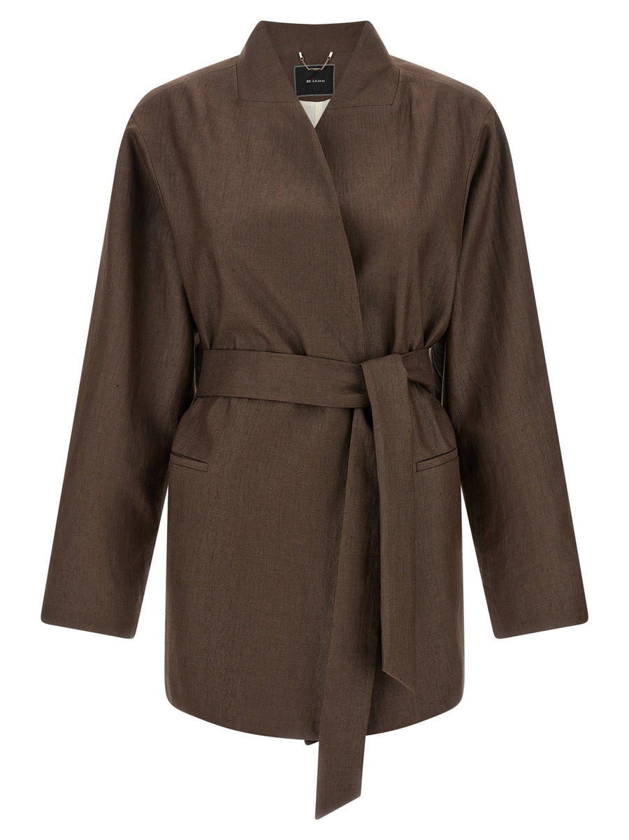 Kiton Linen Blend Wrap Blazer — Brown
