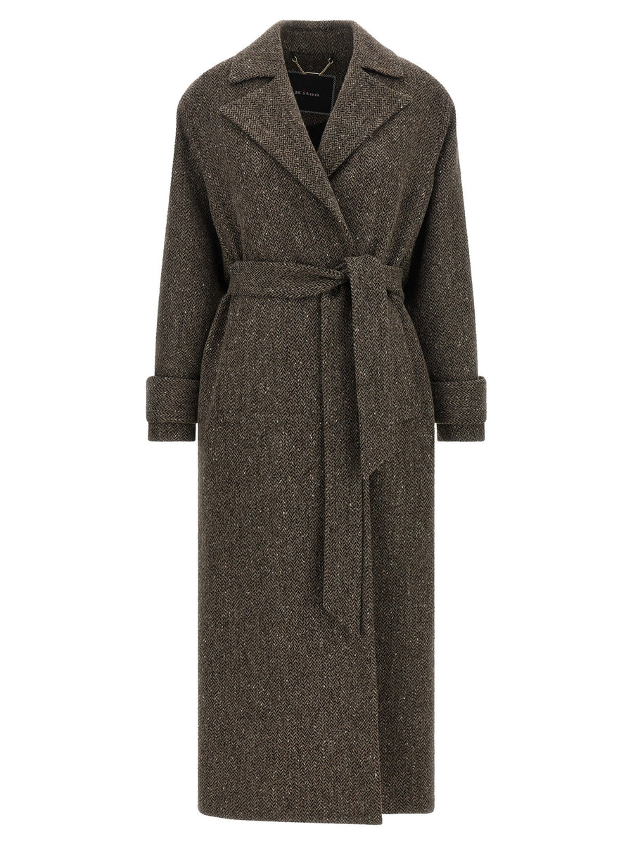 Kiton Chevron Wool Coat — Brown