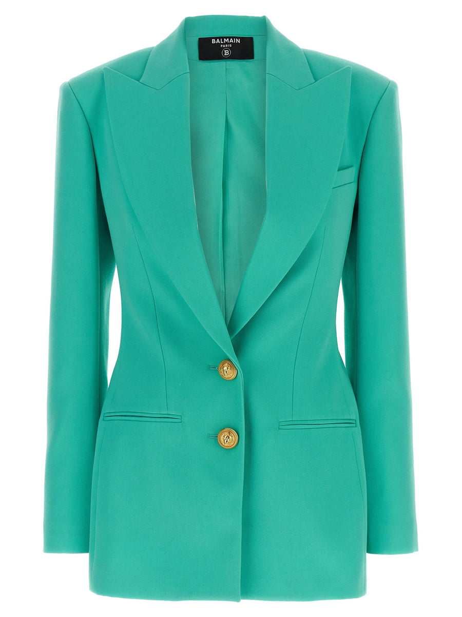 Balmain Logo-Button Double-Breasted Wool Blazer — turquoise