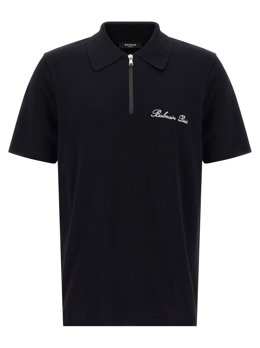 Balmain Logo-Embroidered Piqué Cotton Polo Shirt — Black