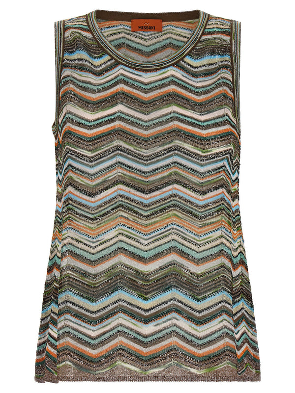 توب Missoni بتصميم شيفرون معدني حياكة — بني