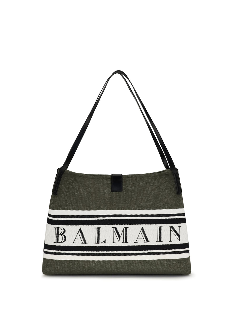 Balmain 84% Cotton; 16% Polyester (canvas body); calf leather (trim) shoulder bag in green