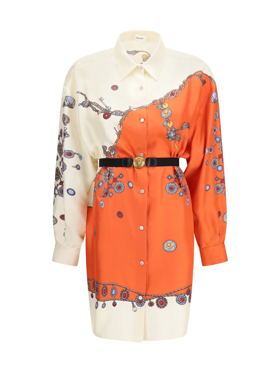 Printed Silk Shirt Mini Dress Orange+white+gold