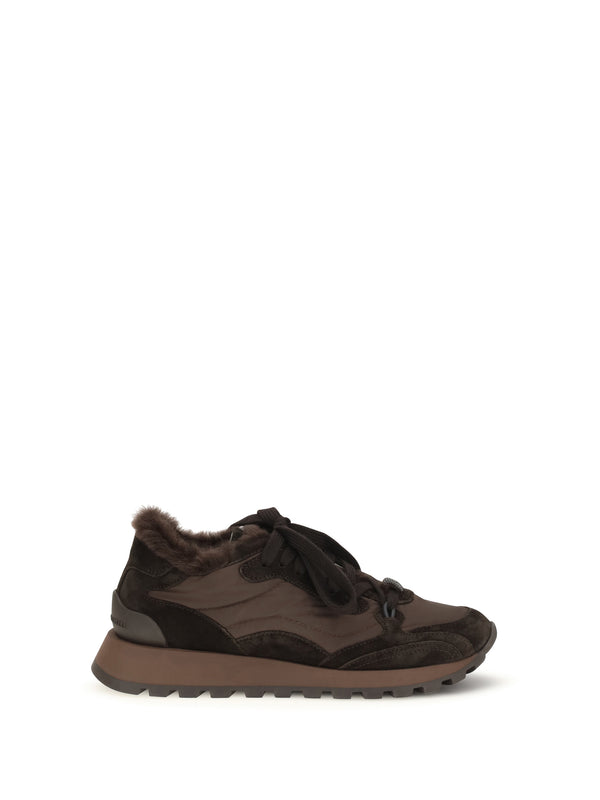Brunello Cucinelli Upper: suede and technical fabric; Sole: TPU rubber; Lining: shearling sneaker in brown