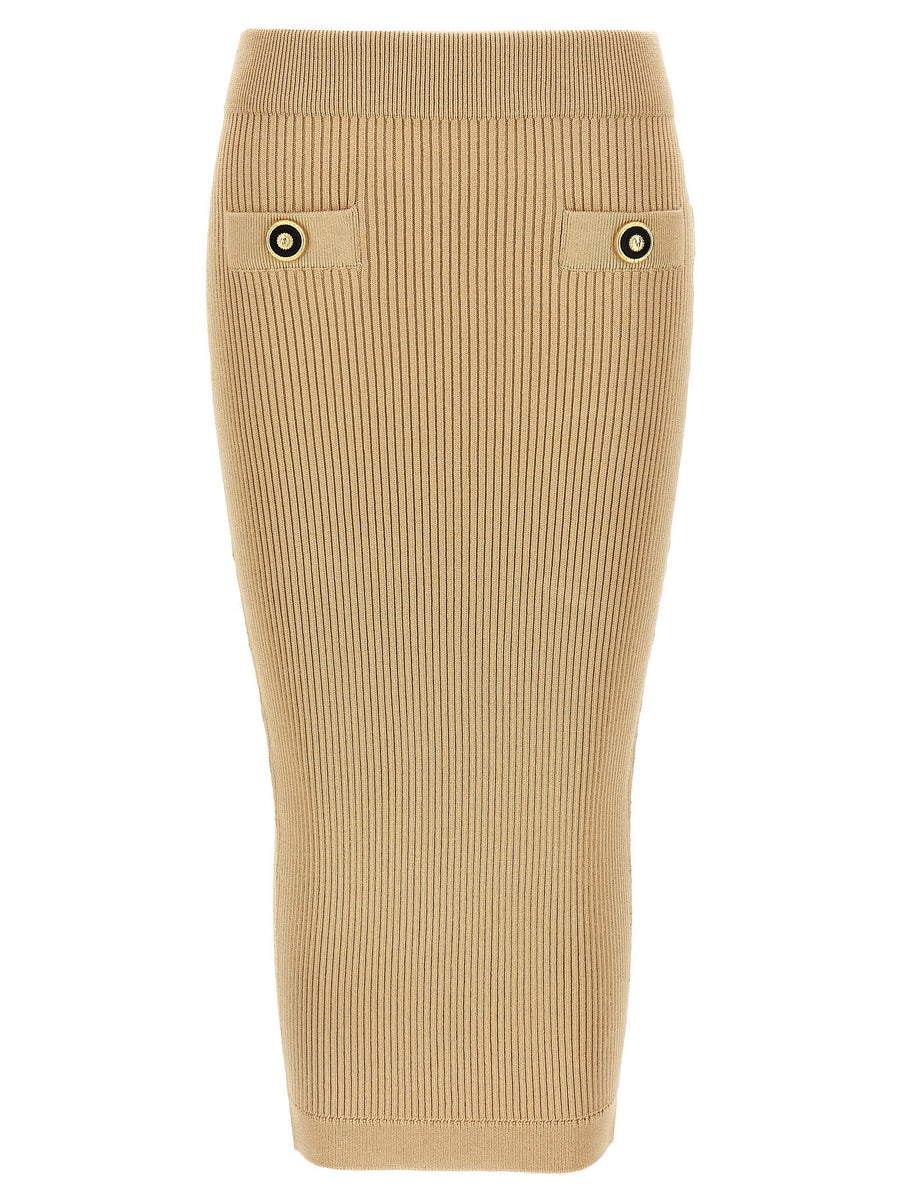 Balmain Ribbed Knit Midi Skirt — Beige