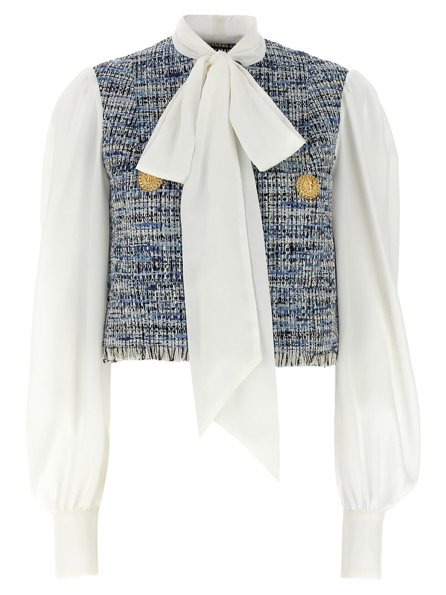 Balmain Tweed Vest with Tie Neck Blouse — Cream
