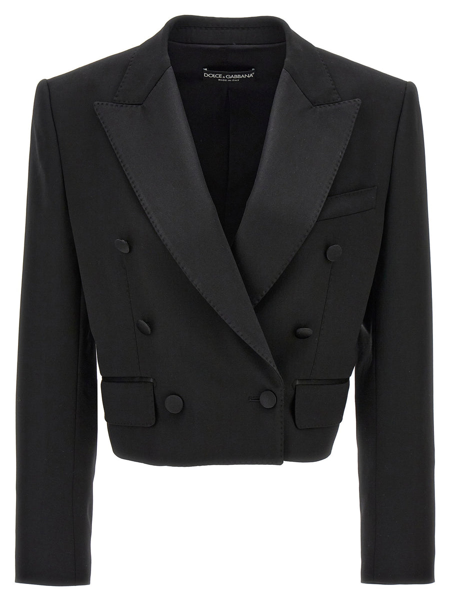 Dolce & Gabbana Double-Breasted Tuxedo Crop Blazer — Black