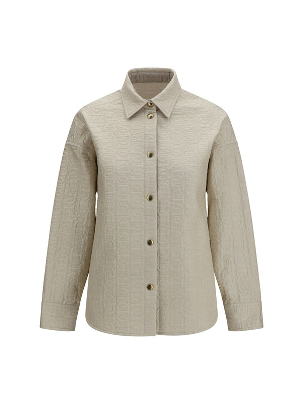 Quilted Chain Motif Padded Shirt Jacket Pastel Brown Skirt