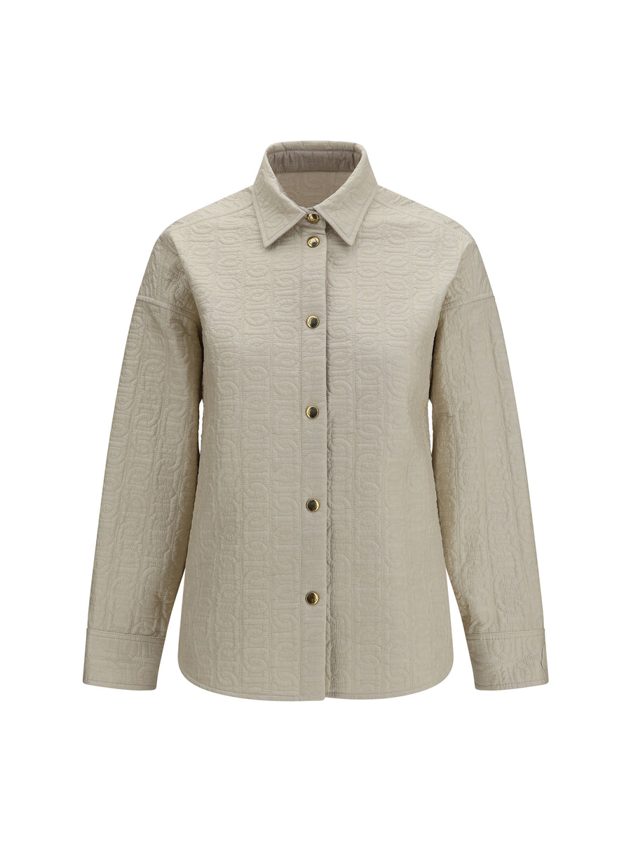 Quilted Chain Motif Padded Shirt Jacket Pastel Brown Skirt