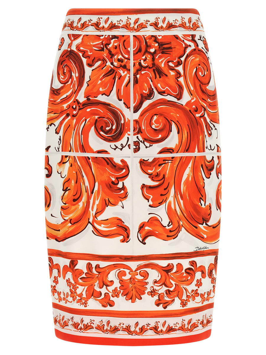 Dolce & Gabbana Maiolica-Print Charmeuse Skirt — Red