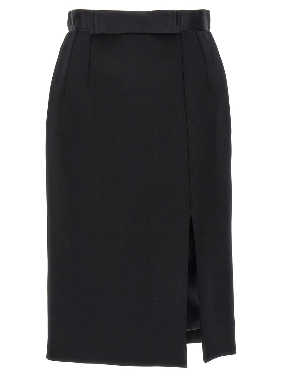 Dolce & Gabbana Stretch Wool with Satin Waist Pencil Skirt — Black