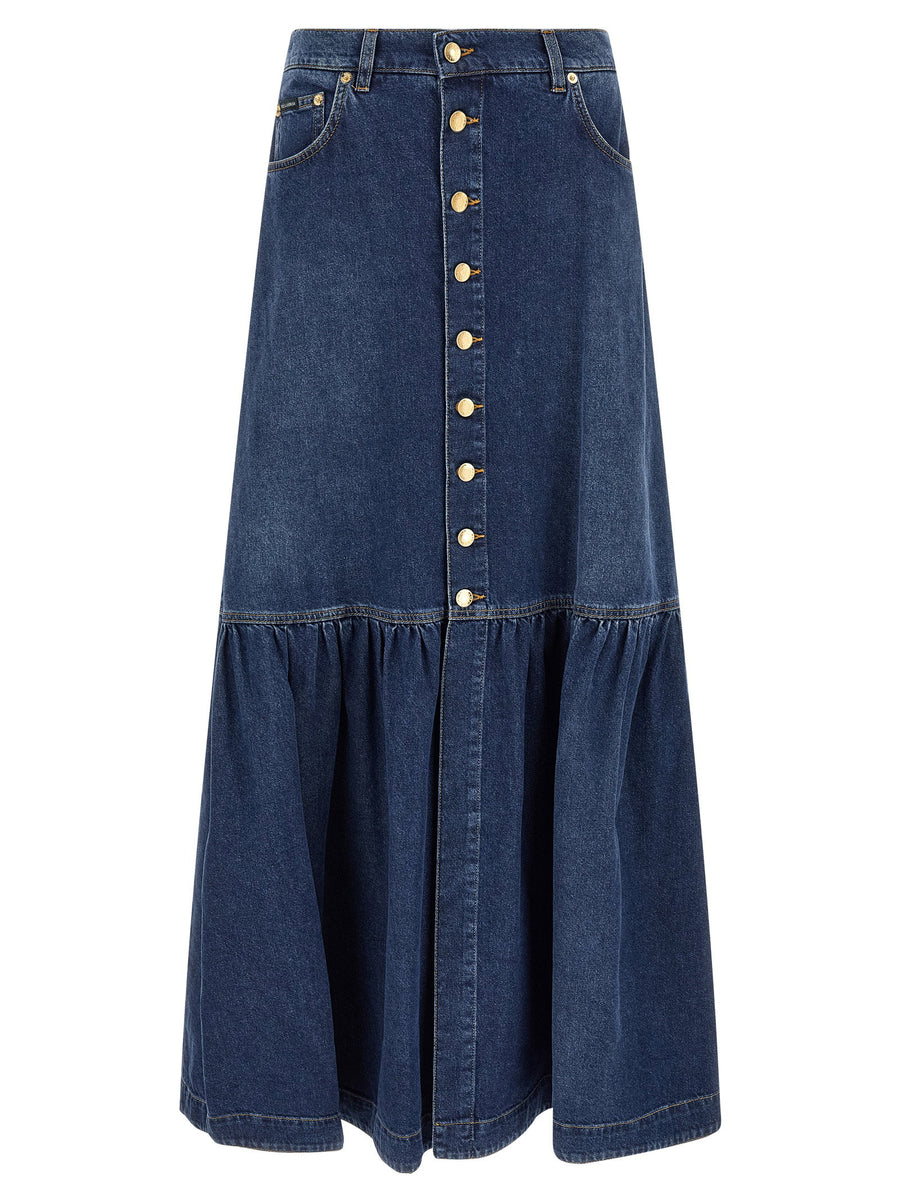 Dolce & Gabbana Flared Button-Front Denim Skirt — Blue
