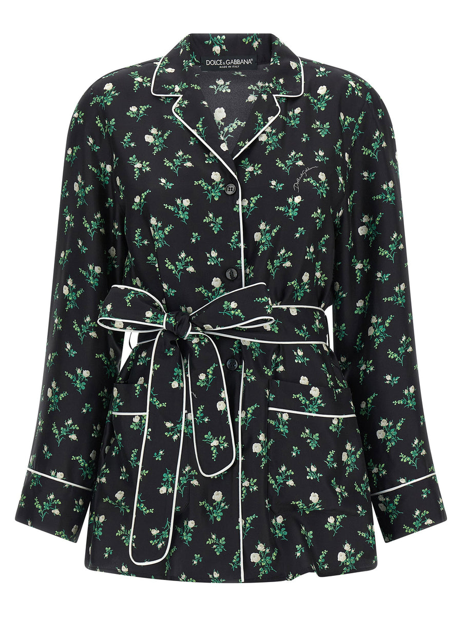 Dolce & Gabbana Floral-Printed Silk Twill Shirt — Black