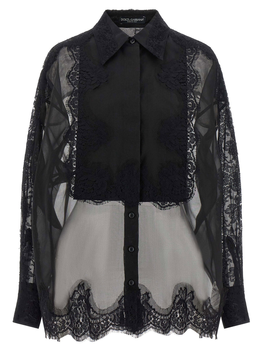Dolce & Gabbana Lace-Paneled Cashmere Organza Blouse — Black
