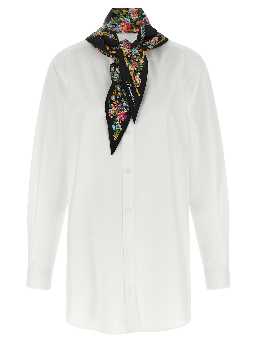 Dolce & Gabbana Mandarin Collar with Floral Silk Scarf Shirt — White
