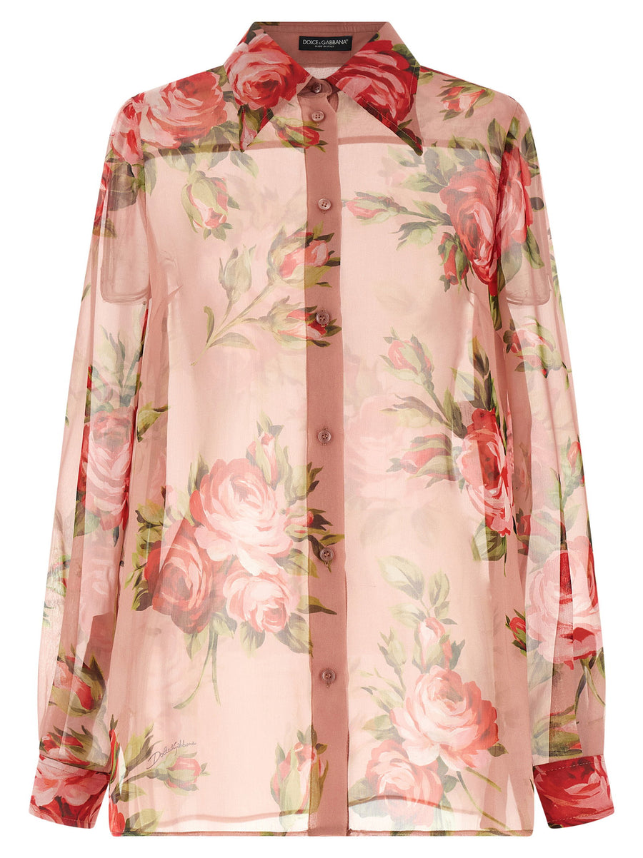Dolce & Gabbana Bouquet Rose Print Silk Chiffon Blouse — Pink